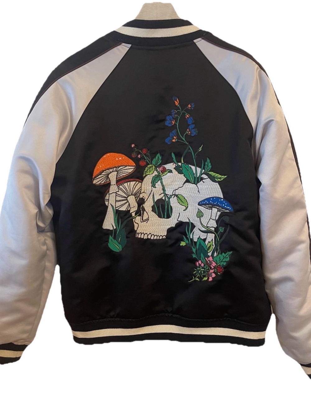 Urban Outfitters Bomber Jacket Embroidered Small Skulls Oversized Fit Satin